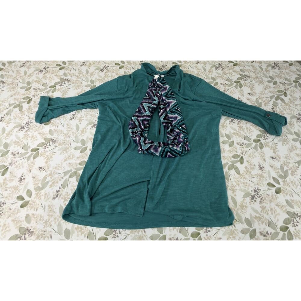 Notations Teal Top & Scarf Set XL 3/4 Sleeve Button 100% Polyester Geometric NWT